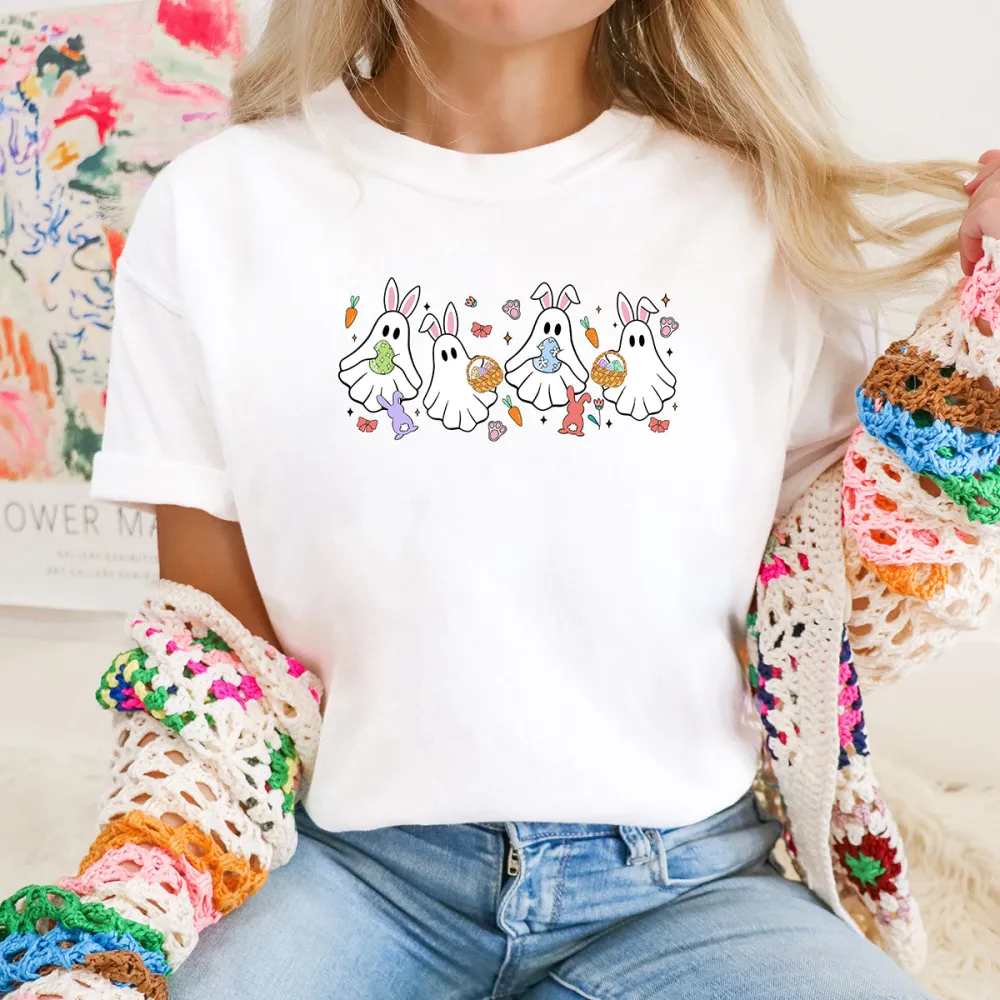 Easter Ghost Bunny Printed Round Neck Short Sleeve T-Shirt
