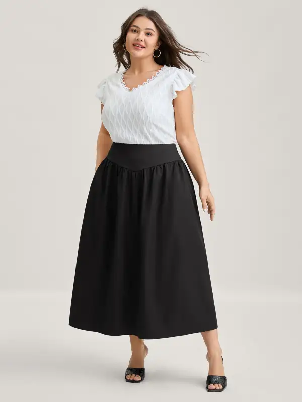 Wide Cinched-Waist Solid Midi Skirt