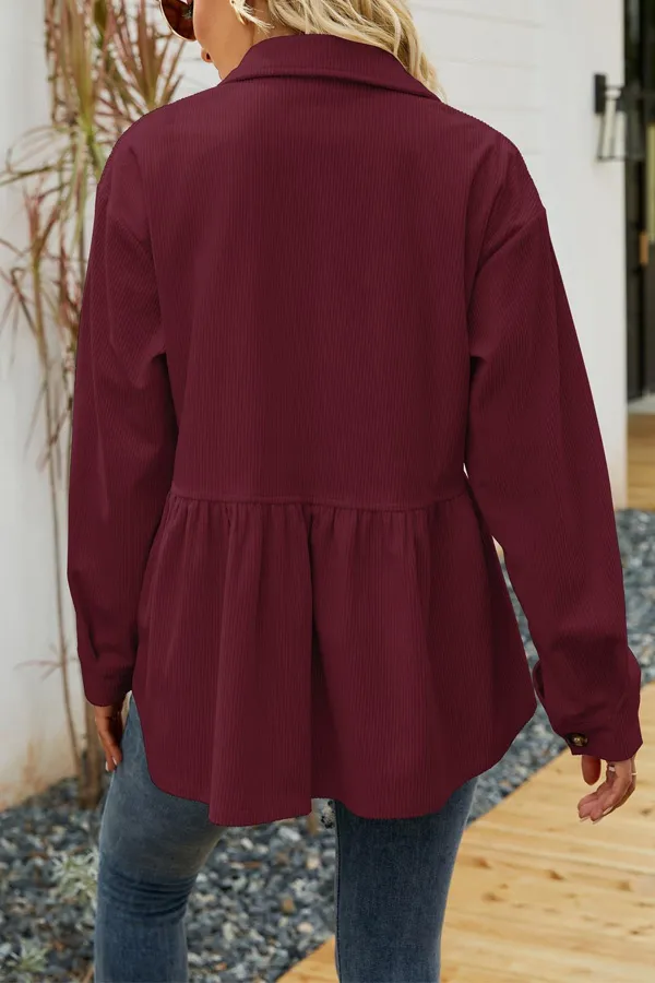 Casual Pocket Design Pleated Corduroy Top