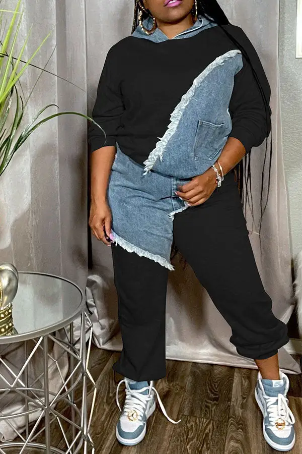 Denim Patchwork Sporty Pant Suit
