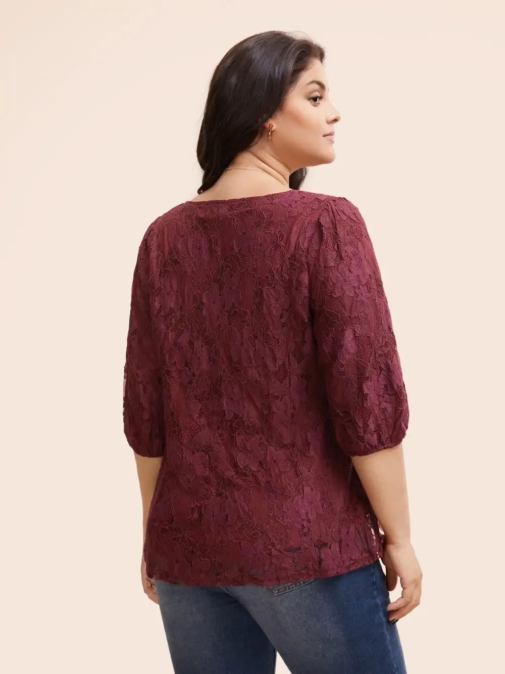 Square Neck Lace Panel Lantern Sleeve Blouse