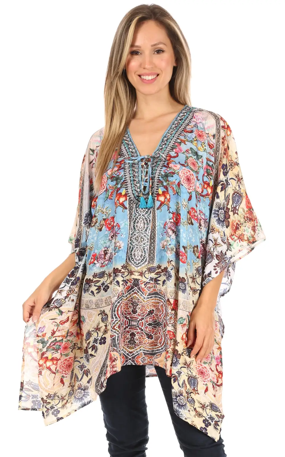 Women's Caftan Poncho Cover up V neck Top Lace up With Rhinestone
