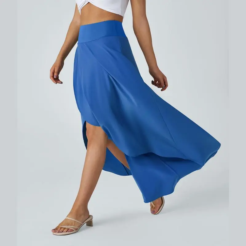 High Waisted 2-in-1 Maxi Skirt – Flowy, Quick-Dry, High-Low Hem with Ruffle Detail