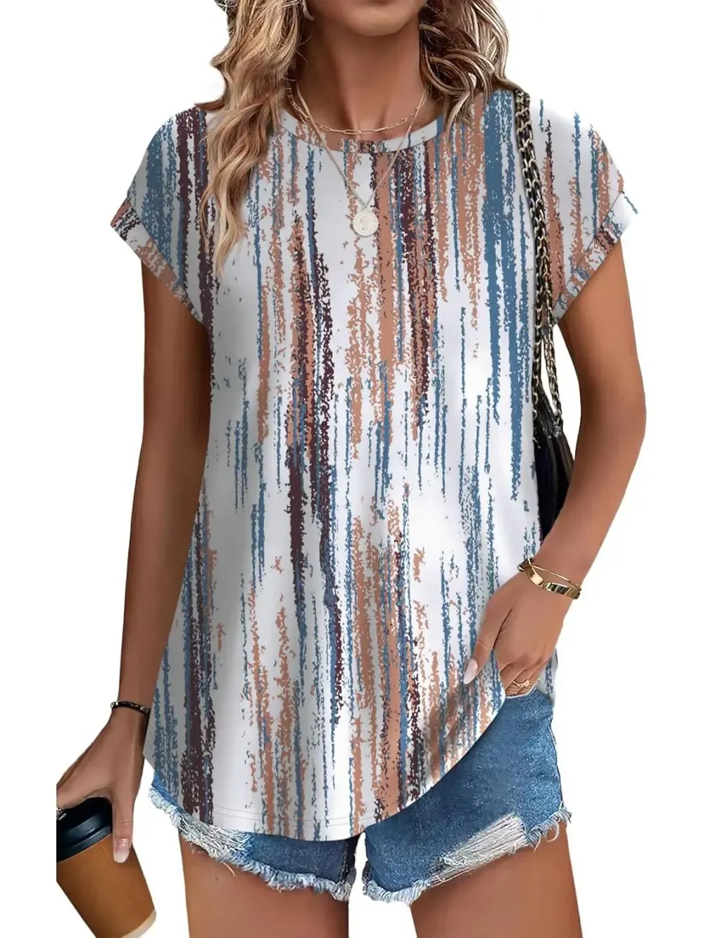 ✨Womens Printing Dressy Casual Cap Sleeve Tops with Curved Hem