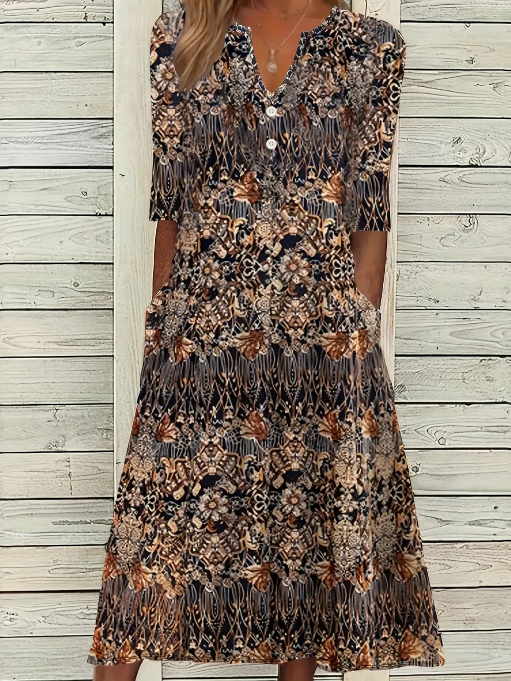 Floral Print Button Notched Neck Dress, Vintage 3/4 Sleeve Midi Dress For Spring & Summer