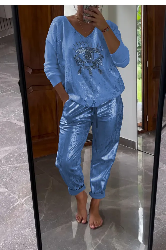 Women's fashionable sequin embroidered eye top & bronzing trousers two-piece set