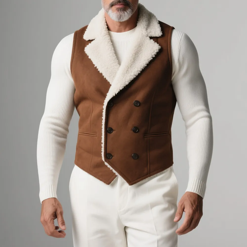 Men's Notch Lapel Fuzzy Lined Double Breasted Sleeveless Suede Vest