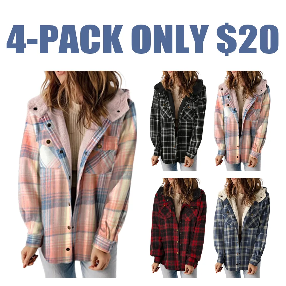 Women's Plaid/Houndstooth Button - Front Hooded Coat
