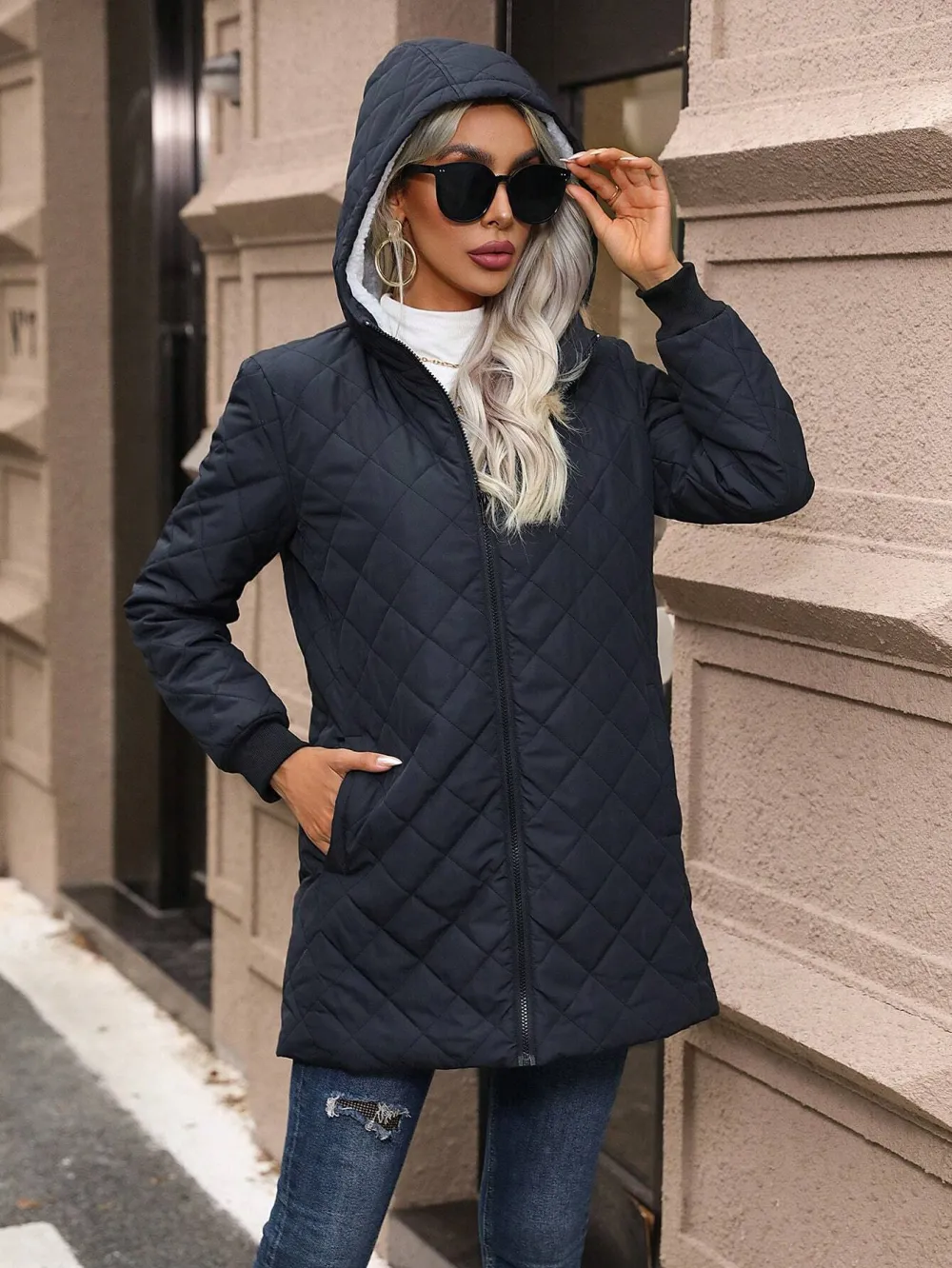 Zip Up Hooded Teddy Lined Quilted Coat