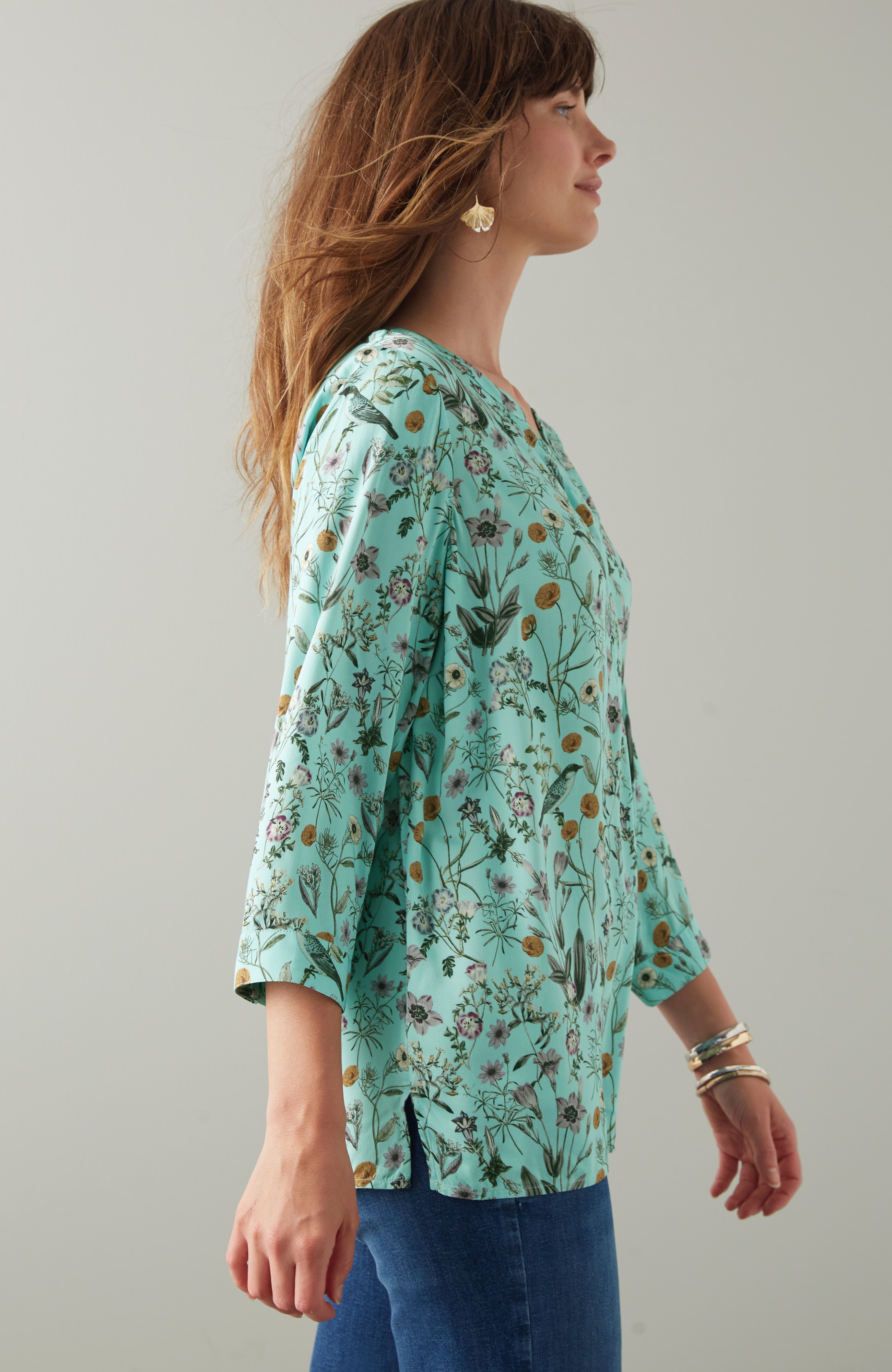 Botanical Birds Printed Satin Top