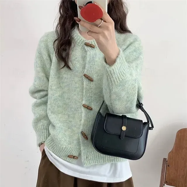 Women's Sweater Cardigan Elegant Fashion Streetwear Pure Color Crew Neck Pocket Knitted Long Sleeve Regular Tops Knit Outdoor Daily Weekend Yellow Light Green Fall Winter