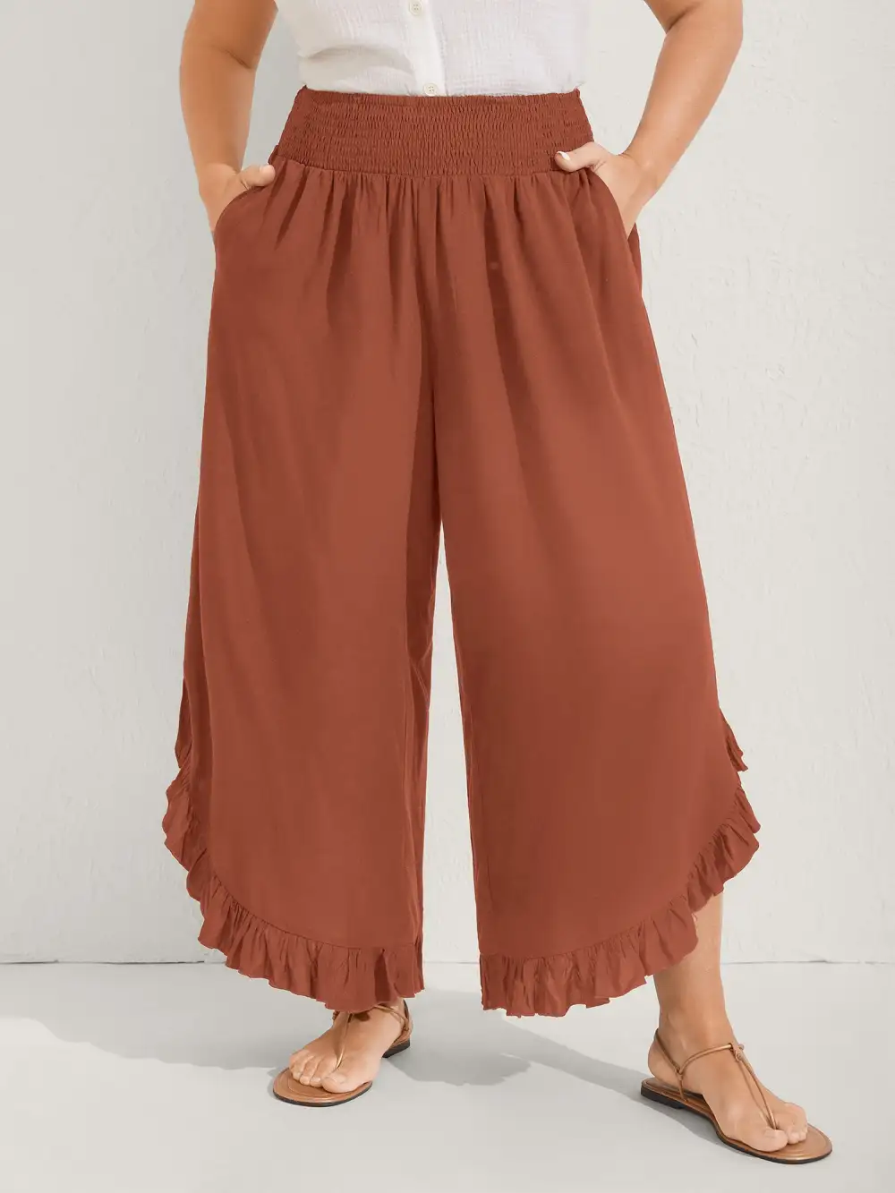 Ruffled Curvy Hem Wide-Leg Pants