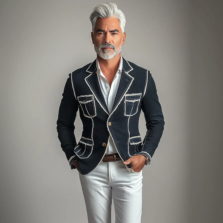 Men's Business Notched Lapel Two Button Contrast Binding Denim Jacket