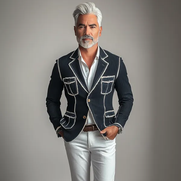 Men's Business Notched Lapel Two Button Contrast Binding Denim Jacket