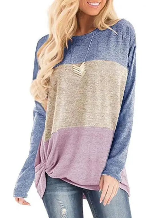 Round Collar Splice Color Block Knot-front Long Sleeve T-shirt