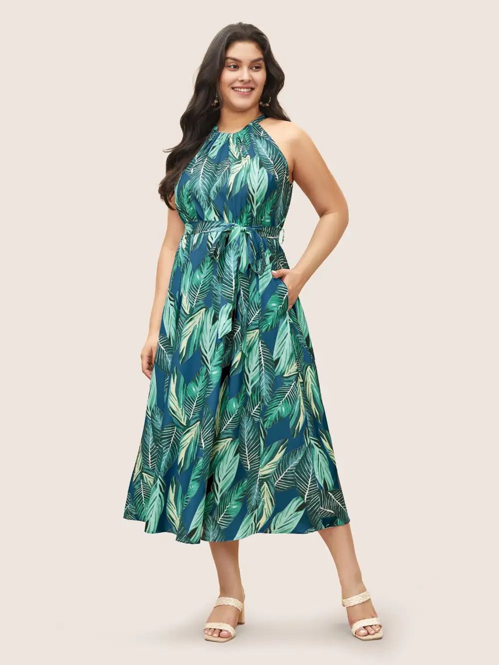 Tropical Print Knotted Pocket Ruffles Belted Halter Dress
