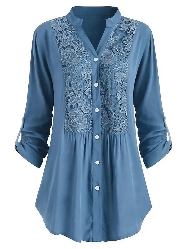 Women's Shirt Tunic Shirts Black White Wine Solid Color Floral Florals Lace Lace Trims Long Sleeve Daily Weekend Streetwear Casual Shirt Collar Regular Fit Spring Fall Winter
