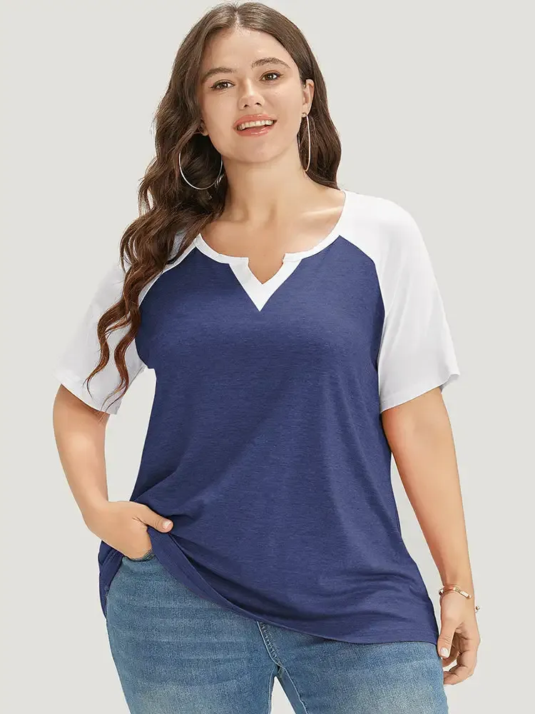 Colorblock Contrast Notched Raglan Sleeve T-shirt