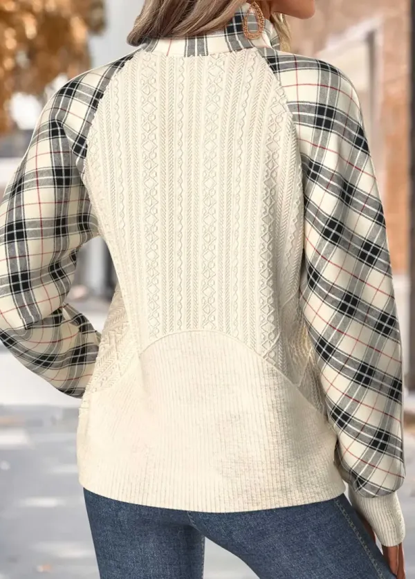 Beige Tummy Coverage Plaid Long Sleeve Stand Collar Sweatshirt
