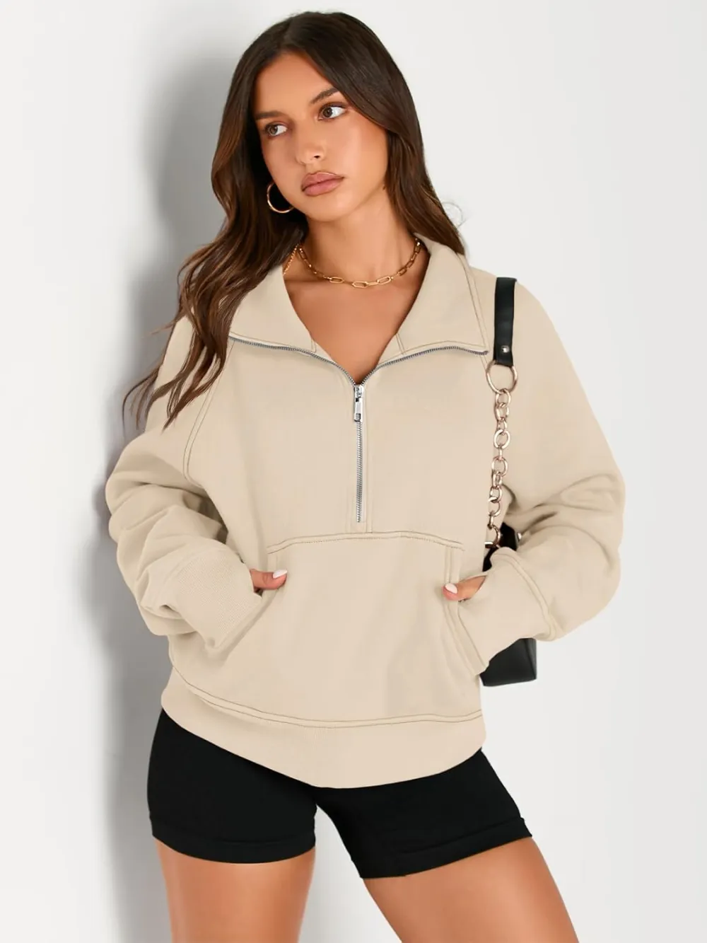 Womens Sweatshirts Half Zip Cropped Pullover Fleece Quarter Zipper Hoodies Fall outfits Clothes Thumb Hole