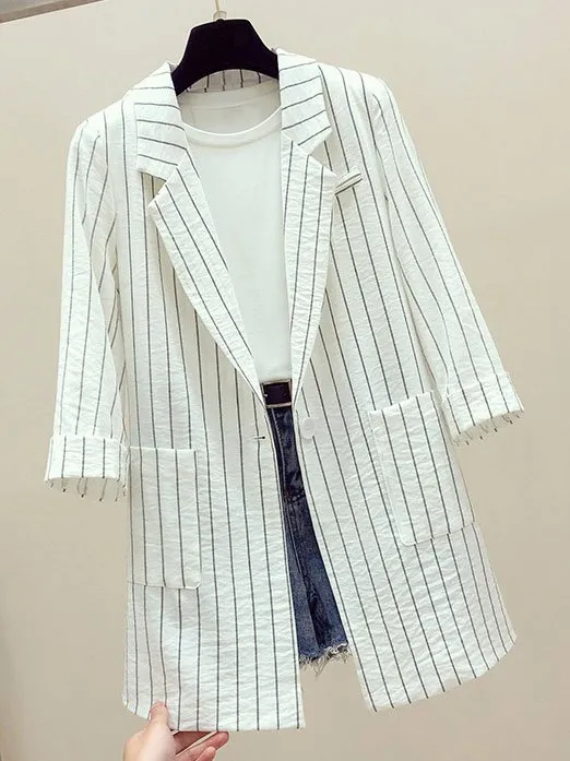 Lapel Collar Long Sleeve Striped Pocket Stitching Regular Loose Blazer For Women