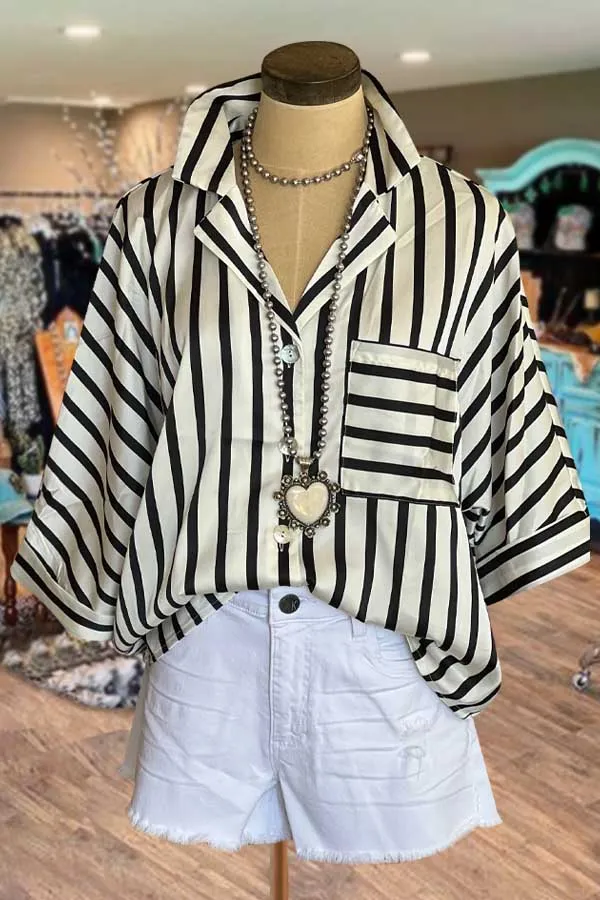 Striped Button Up Collared Blouse