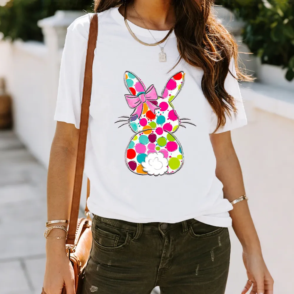 Colorful Easter Bunny Printed Round Neck Short Sleeve T-Shirt
