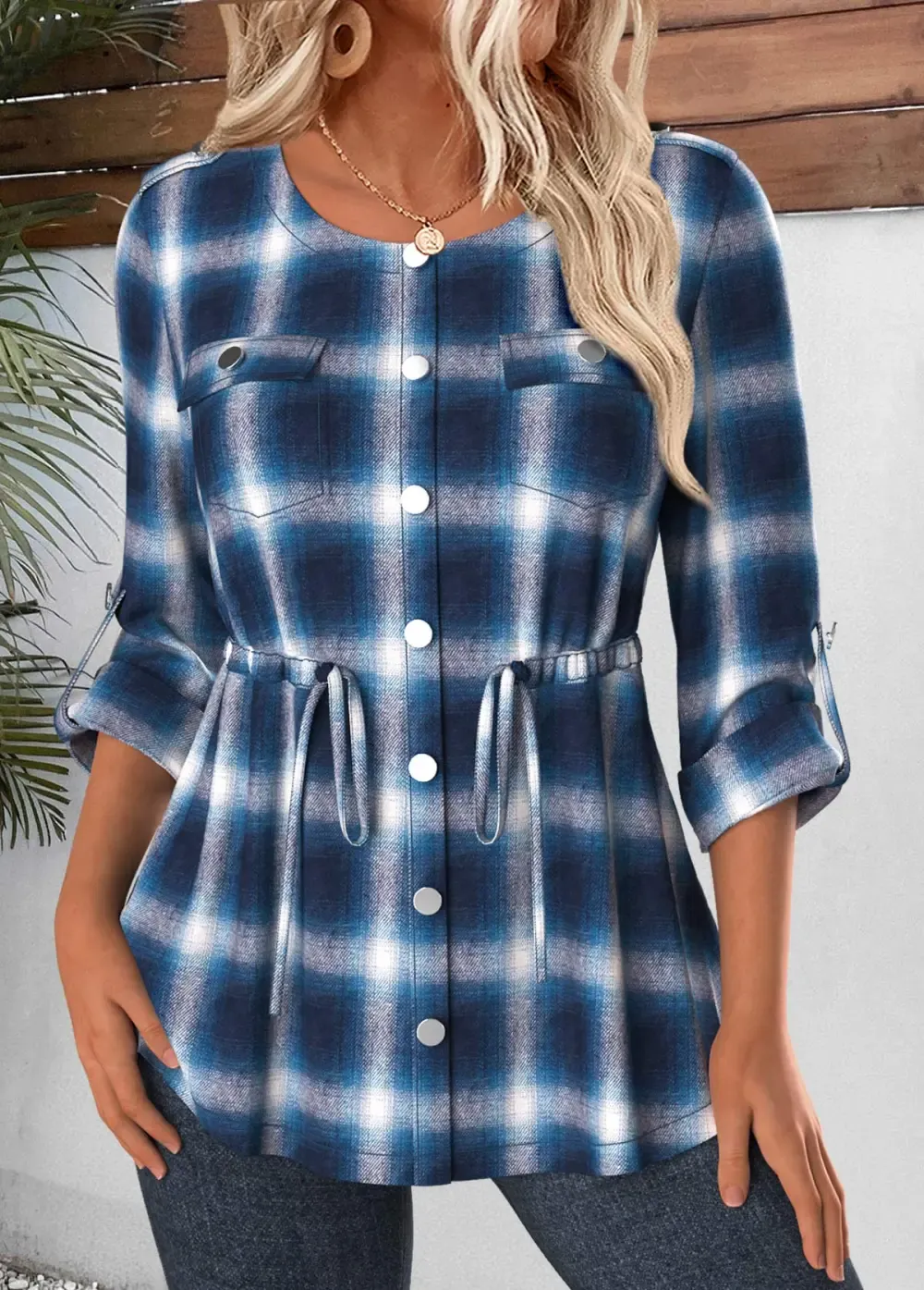 Blue Patch Pocket Plaid Long Sleeve Round Neck Blouse