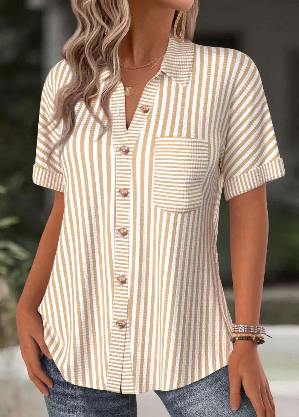 Light Camel Striped Short Sleeve Shirt