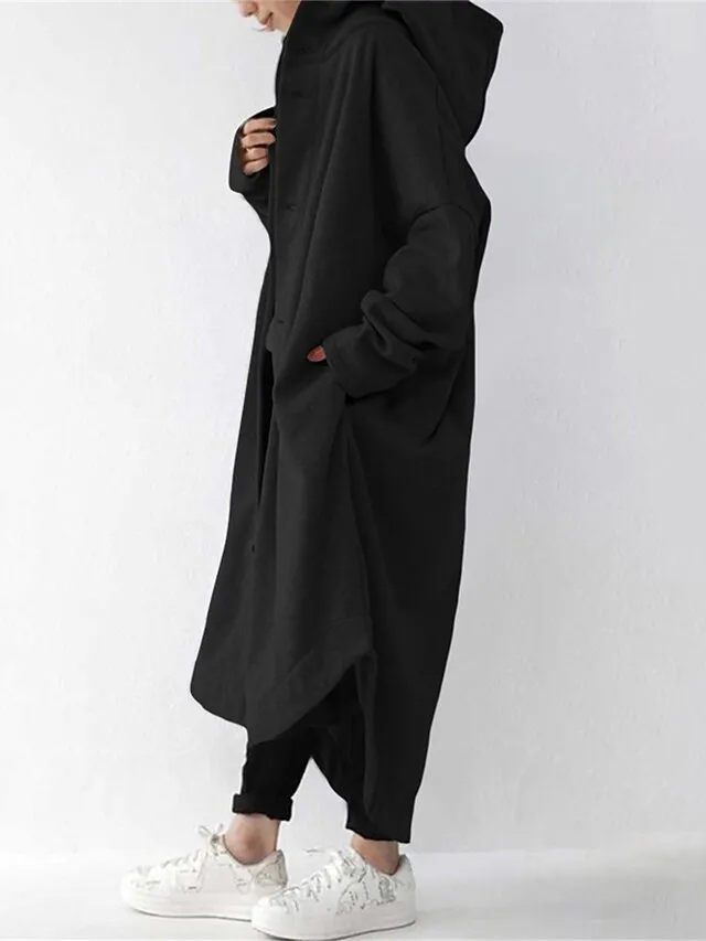 Women's Coat Street Fall Dusty Coat Casual Winter Windproof Long Coat with Pockets Regular Fit Warm Breathable Street Style Jacket Long Sleeve Plain Black Yellow Red