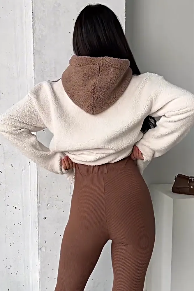 Women's contrast fleece hoodie and pants two-piece set
