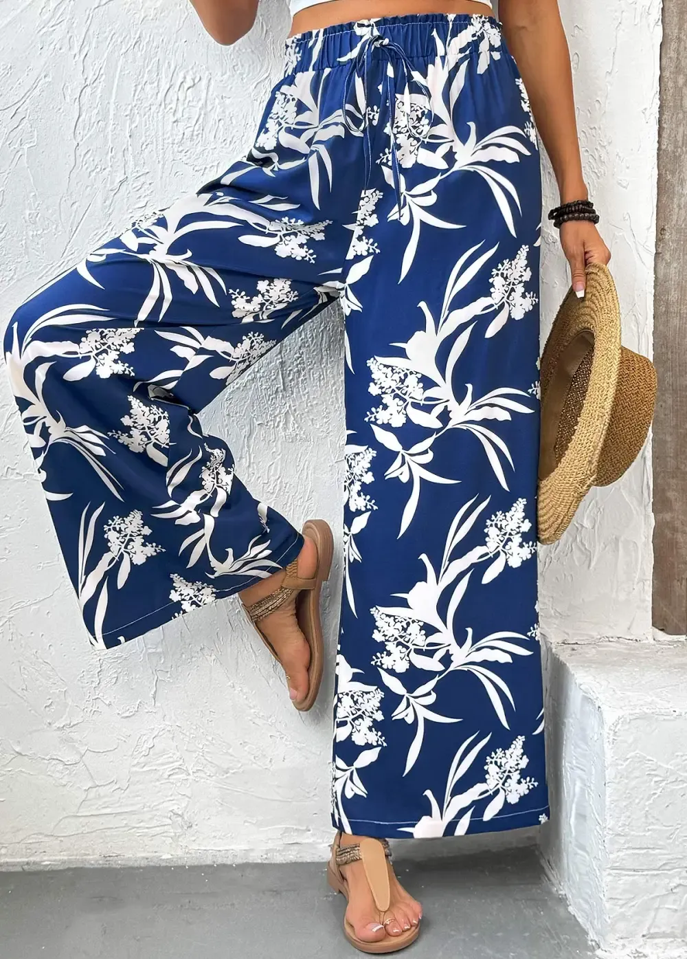 Dark Blue Plants Print Wide Leg Elastic Waist Pants