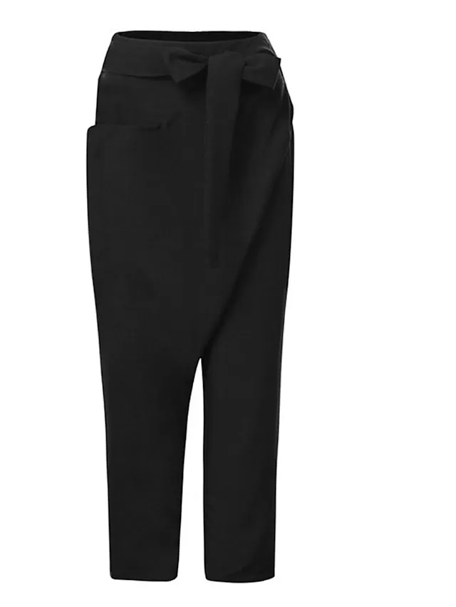 Women's Cotton Loungewear Pants High Waist Irregular Lace-Up Cropped Pants Solid Fashion Simple Casual Cotton Breathable with One Side Pockets Summer Spring Black Navy Blue