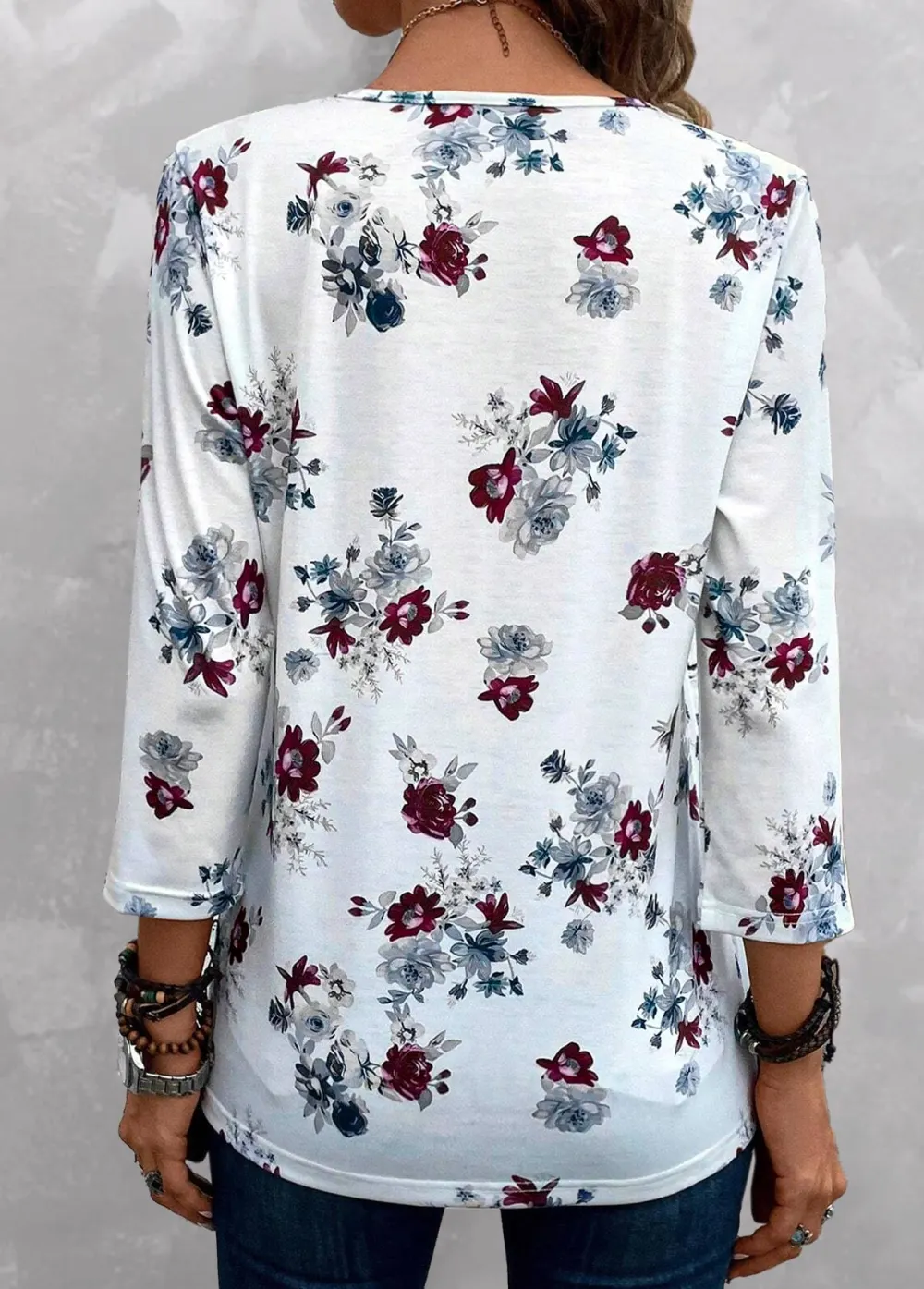 White Tuck Stitch Floral Print Blouse