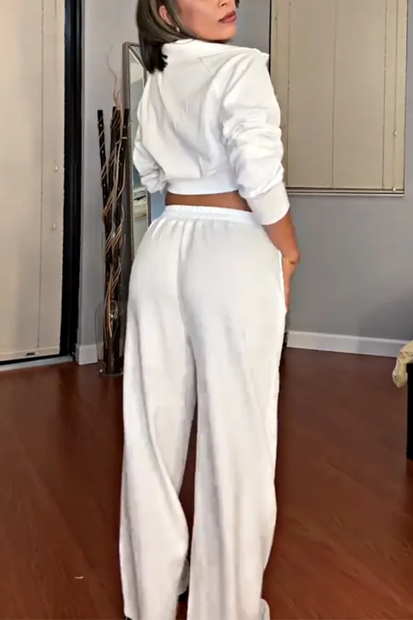 Women's solid color zipper V-neck top and pants two-piece set