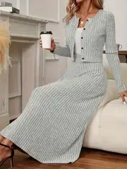 Women's 2pcs Set, Casual Crew Neck Long Sleeve Knit Cardigan And Maxi A-Line Dress, Solid Color Polyester Knit Fabric, Stretch Fit, Fall/Winter Collection