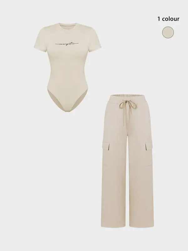 Women's Letter Print Bodysuit & Drawstring Pants Set – Casual Y2K Matching Outfit