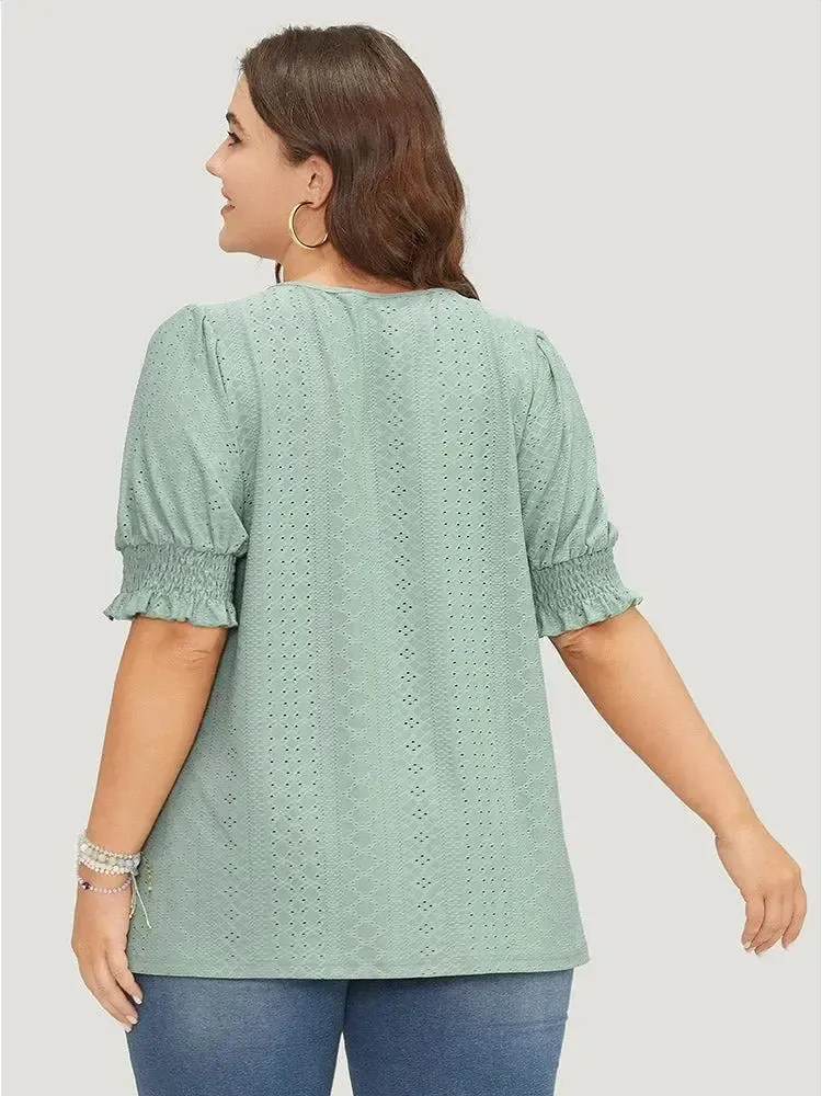 Plain Broderie Anglaise Shirred Puff Sleeve Button Detail T-shirt