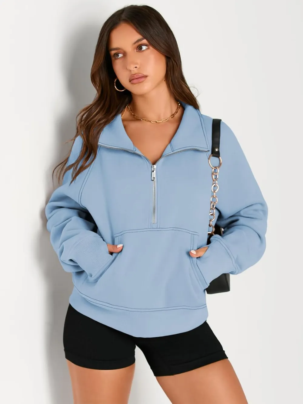 Womens Sweatshirts Half Zip Cropped Pullover Fleece Quarter Zipper Hoodies Fall outfits Clothes Thumb Hole