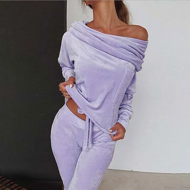 Women's Shirt Pants Sets Velvet Casual Daily Elegant Fashion Streetwear Long Sleeve Off Shoulder Black Fall & Winter