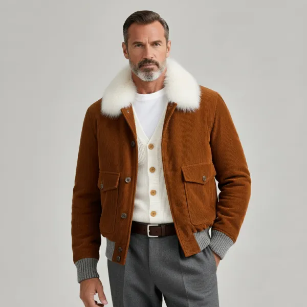 Men's Brown Corduroy Furry Collar Long Sleeve Knit Cuffs Flap Pockets Jacket