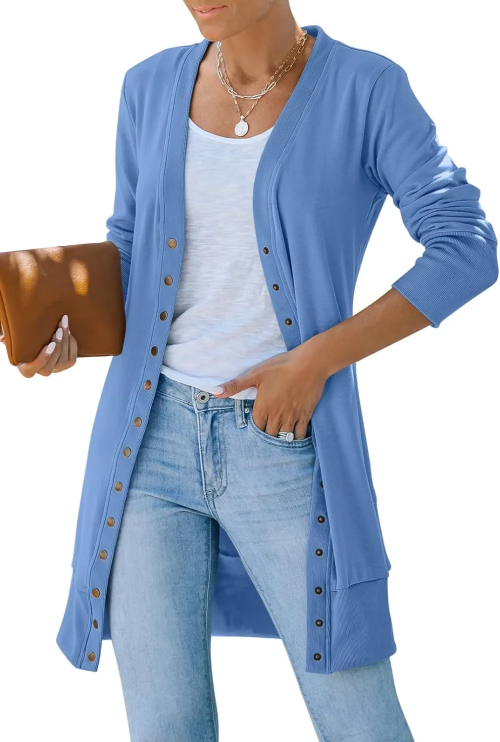 Women's 2024 Fall Long Sleeve Snap Button Down Solid Color Knit Ribbed Neckline Cardigans