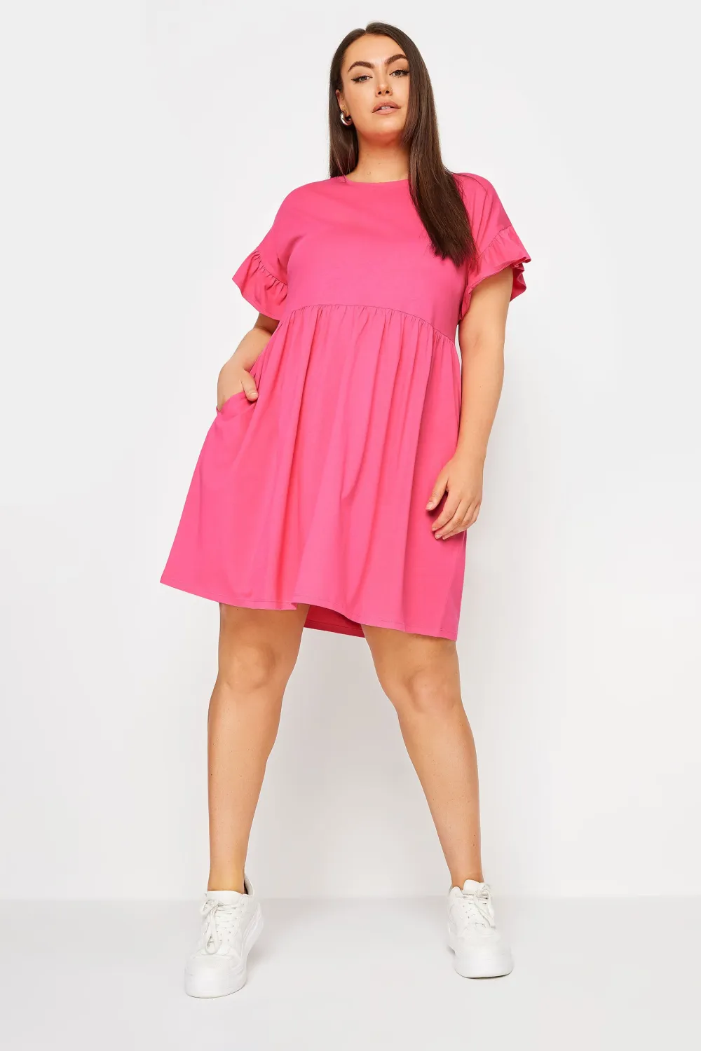 YOURS Curve Black & White Stripe Frill Sleeve Smock Tunic Dress