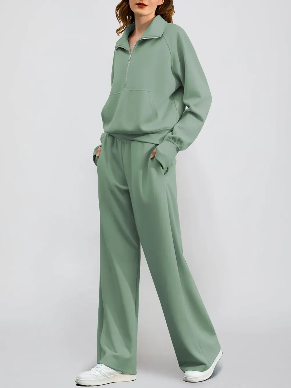 Women's Oversized Half Zip Wide Leg 2 Piece Outfits Lounge Set