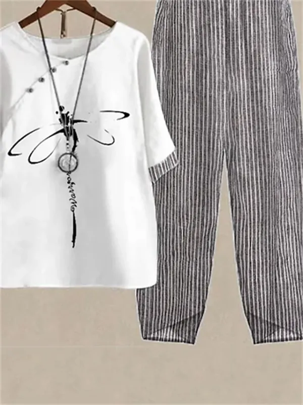 Women's Shirt Pants Sets Graphic Striped Holiday Weekend Print Black Half Sleeve Elegant Fashion Basic Round Neck Fall & Winter