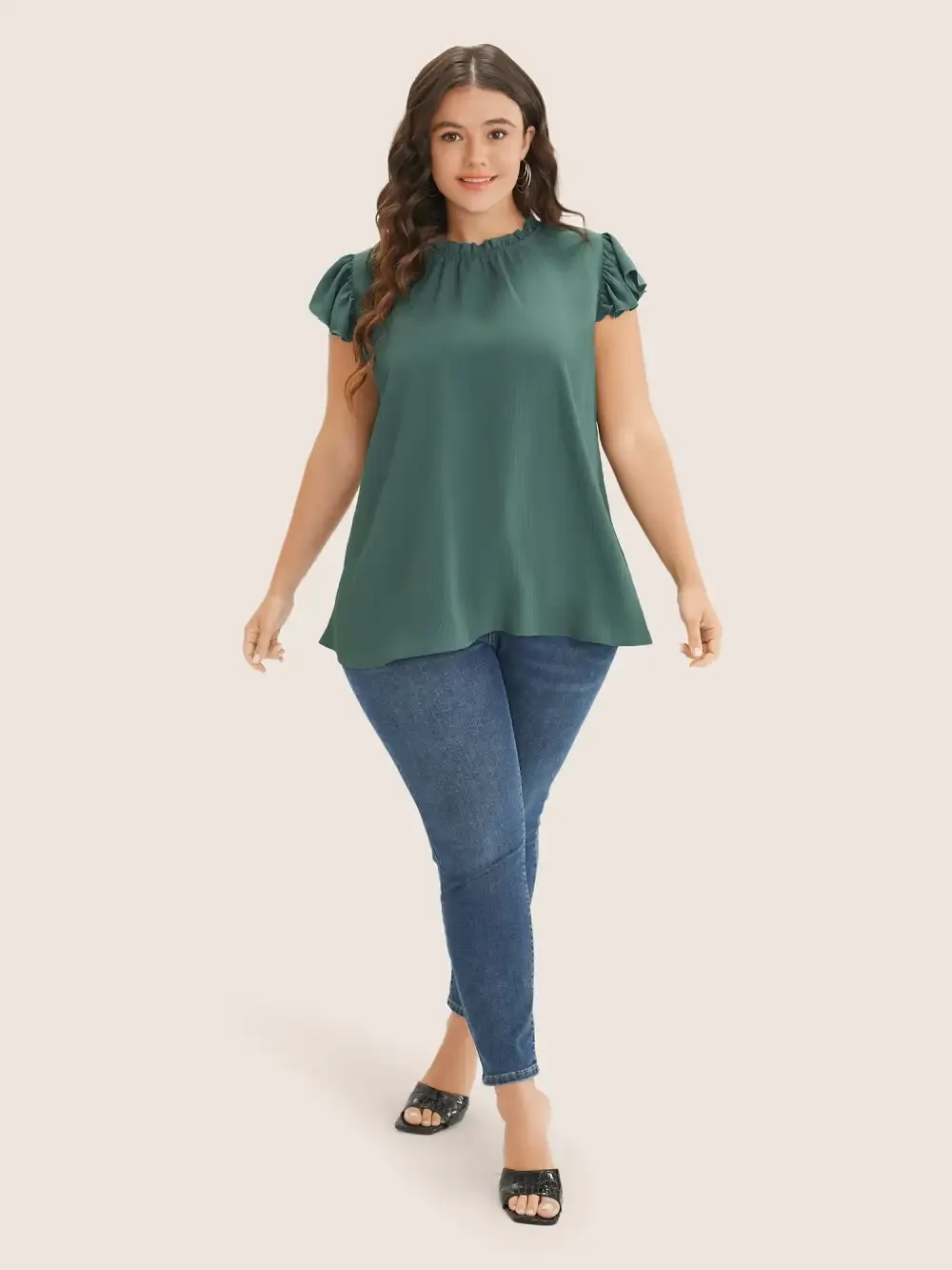 Plain Mock Neck Cap Sleeve Ruffle Trim Blouse