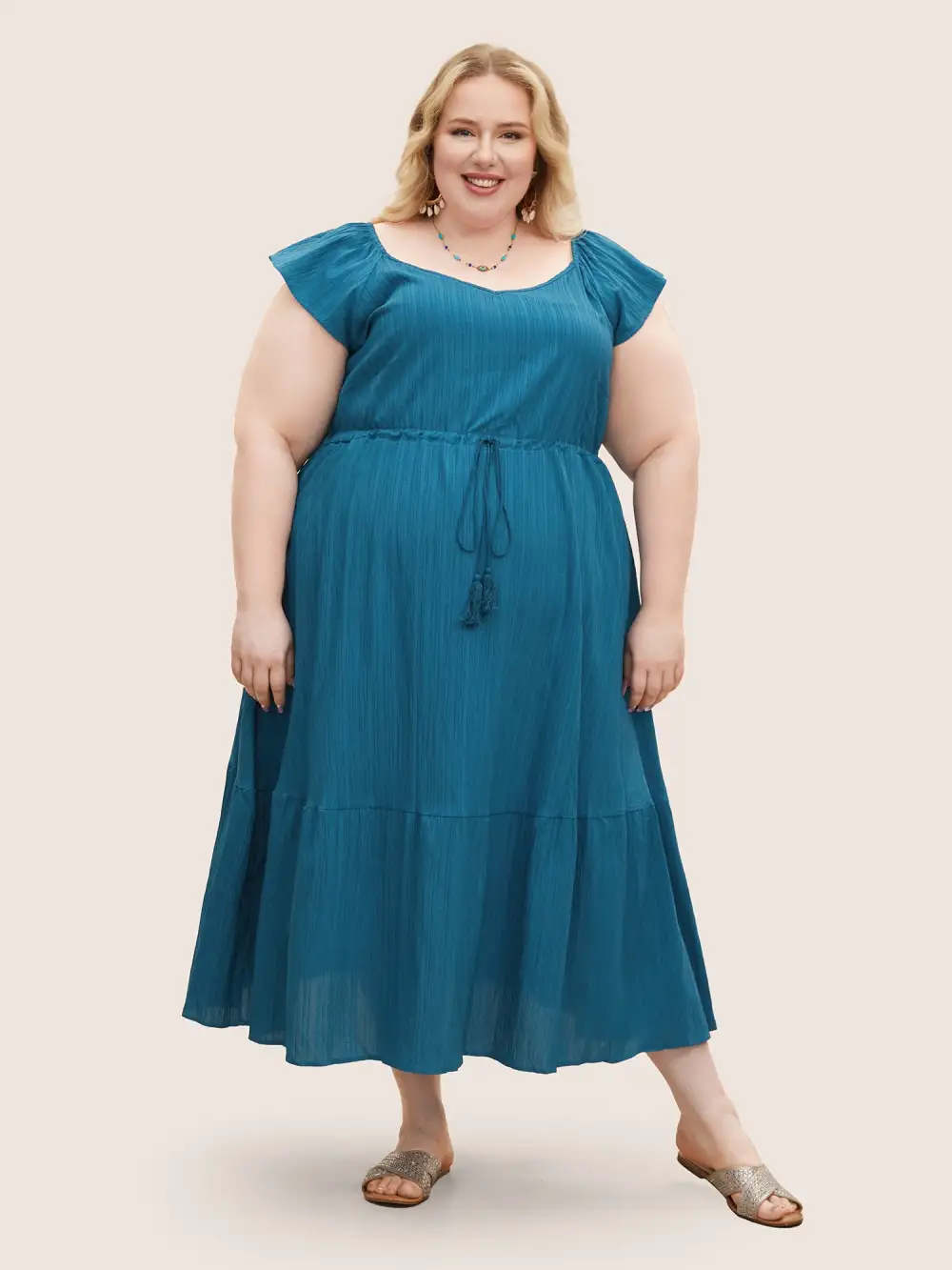 Texture Drawstring Tie Knot Tassels Dress