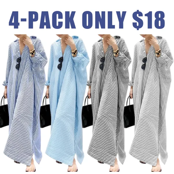 Women's Striped Cotton Maxi Shirt Dress – Casual Loose Fit, Long Sleeve, Button Down