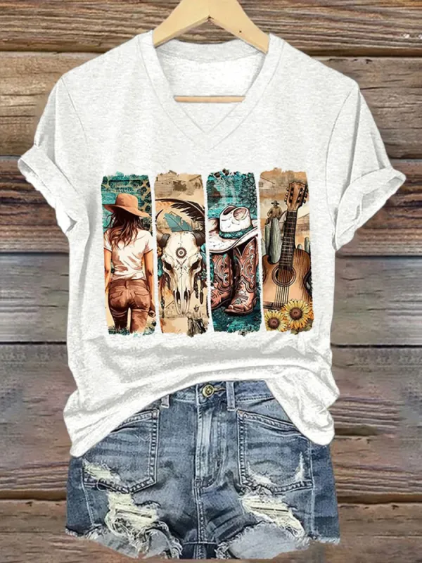 Patterned Printed V-Neck Short-Sleeved T-Shirt