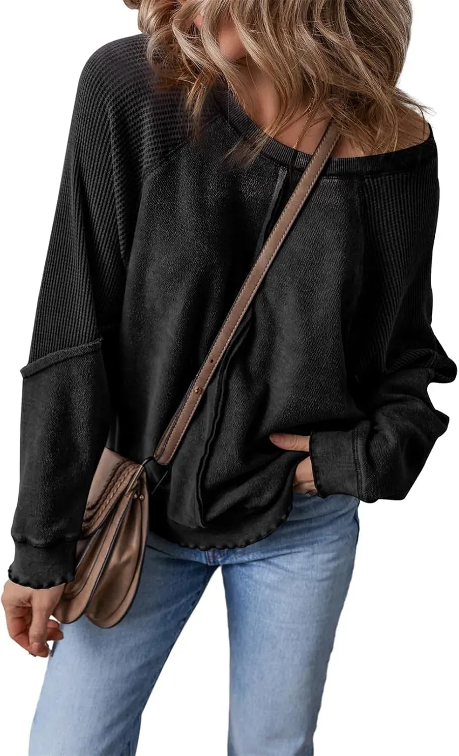 ✨Womens Crewneck Long Sleeve Waffle Knit Sweatshirt